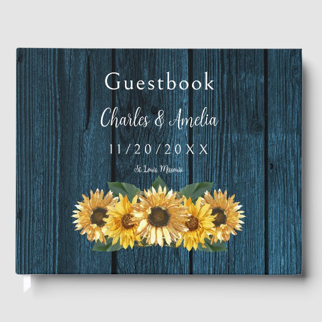 Rustic Blue Solros Bröllop Guest Bok (Framsida)