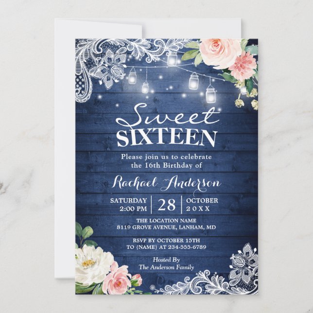 Rustic Blue String Ljus Blommigt Sweet 16 Birthday Inbjudningar (Framsida)
