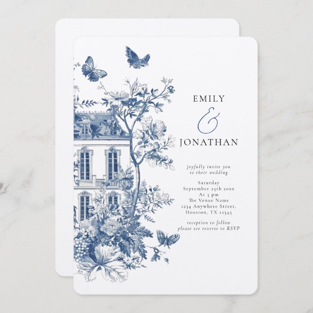 Rustic Blue Toile De Jouy QR Code Bröllop Inbjudningar (Fram/baksida)