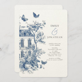 Rustic Blue Toile De Jouy QR Code Bröllop Inbjudningar