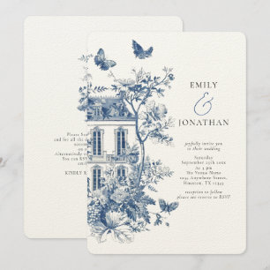 Rustic Blue Toile De Jouy QR Code Bröllop Inbjudningar