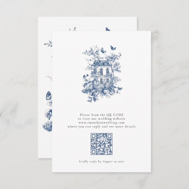Rustic Blue Toile De Jouy QR Code Bröllop OSA Kort (Fram/baksida)