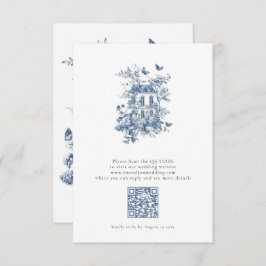 Rustic Blue Toile De Jouy QR Code Bröllop OSA Kort