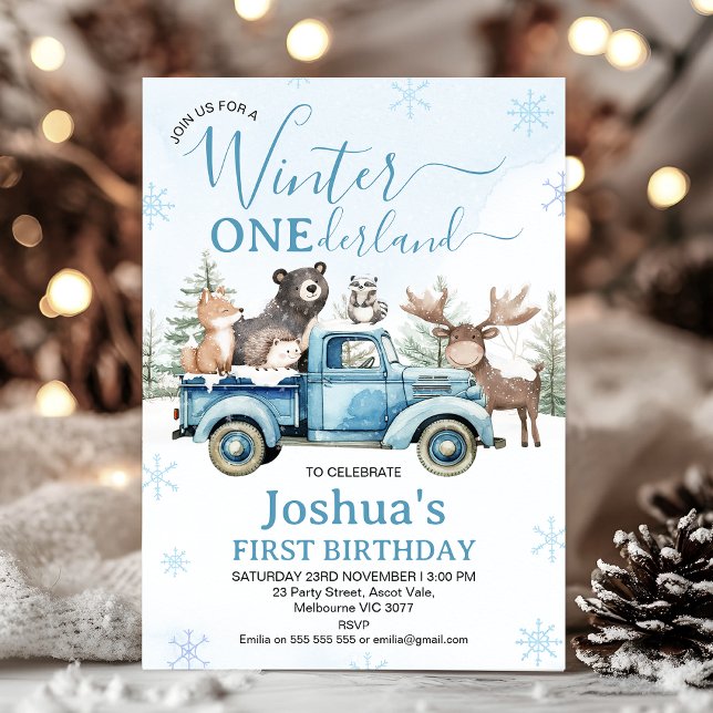 Rustic Blue Truck Winter Onederland Birthday Inbjudningar (Winter Onederland Birthday Invitation, Winter Onederland - 1st Birthday Invitation Template, Blue)