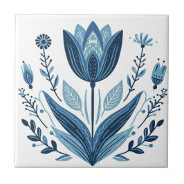 Rustic Blue Tulip Flower Folk Art Botanical Design Kakelplatta