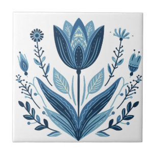 Rustic Blue Tulip Flower Folk Art Botanical Design Kakelplatta