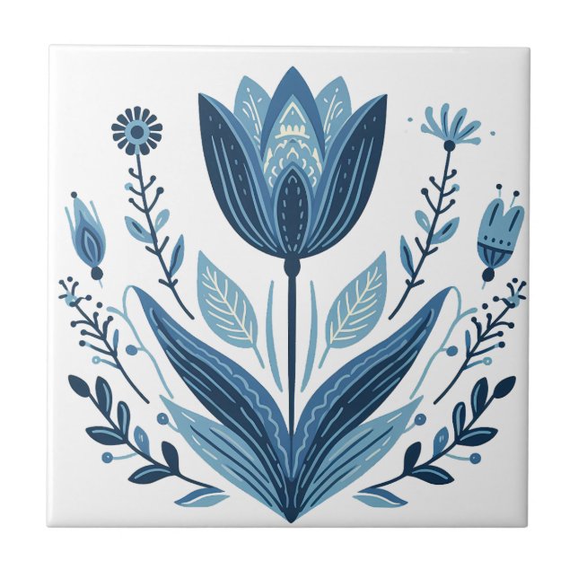 Rustic Blue Tulip Flower Folk Art Botanical Design Kakelplatta (Framsidan)