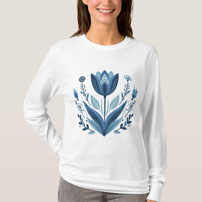 Rustic Blue Tulip Flower Folk Art Botanical Design T Shirt (Framsida)