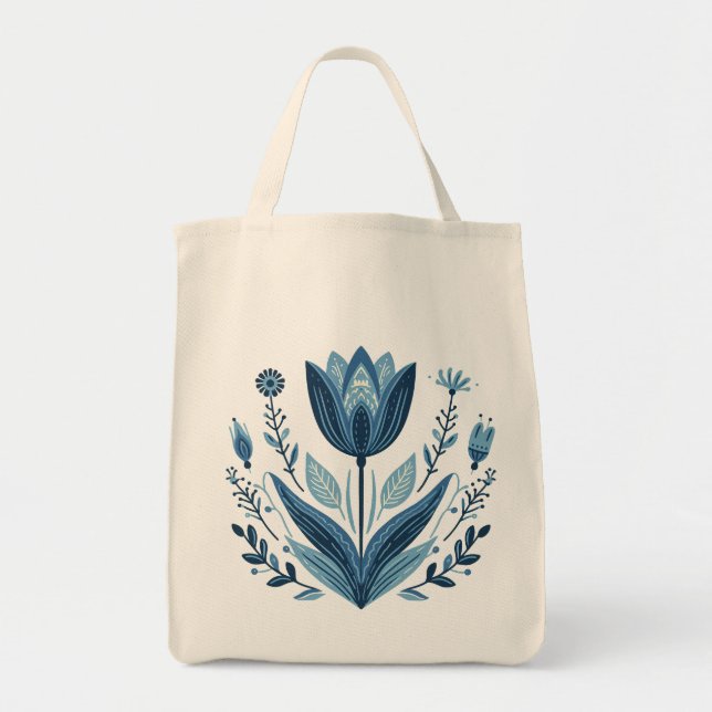Rustic Blue Tulip Flower Folk Art Botanical Design Tygkasse (Framsidan)