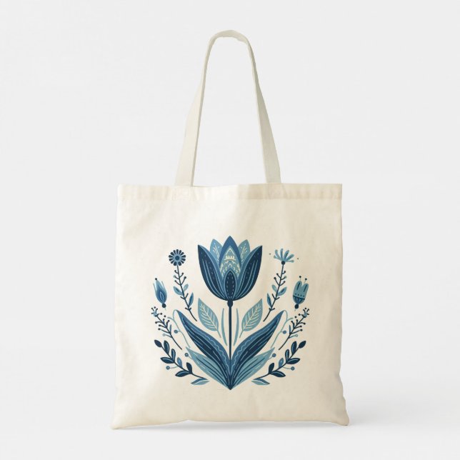 Rustic Blue Tulip Flower Folk Art Botanical Design Tygkasse (Baksida)