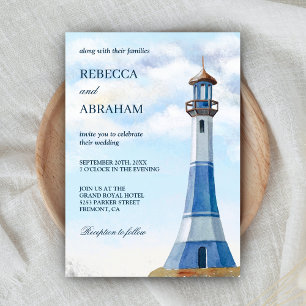 Rustic Blue Watercolor Lighthouse Nautical Bröllop Inbjudningar