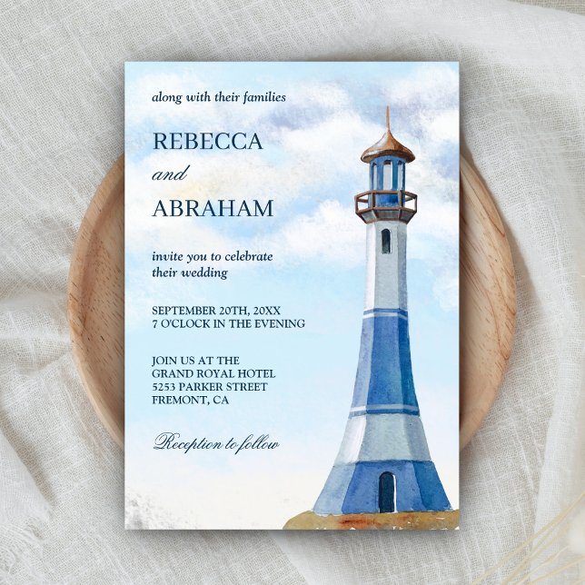 Rustic Blue Watercolor Lighthouse Nautical Bröllop Inbjudningar (Skapare uppladdad)