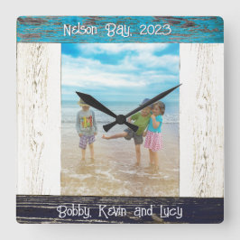 Rustic Blue White Beach Wood Photo Frame Fyrkantig Klocka