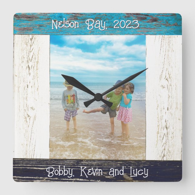 Rustic Blue White Beach Wood Photo Frame Fyrkantig Klocka (Framsida)