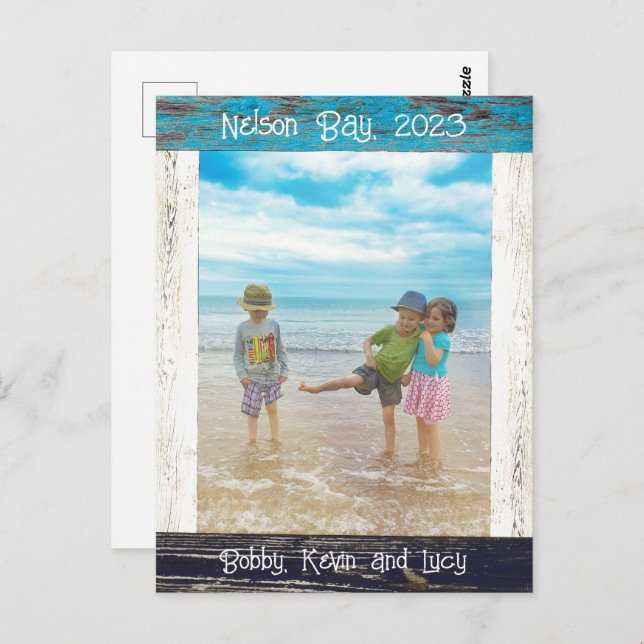 Rustic Blue White Beach Wood Photo Frame Vykort (Fram/baksida)