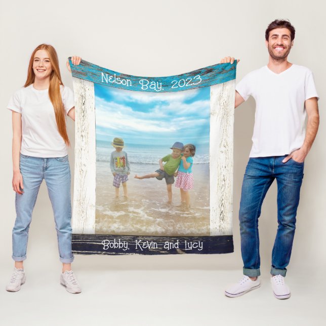 Rustic Blue White Beach Wood Text Photo Frame Fleecefilt (På plats)