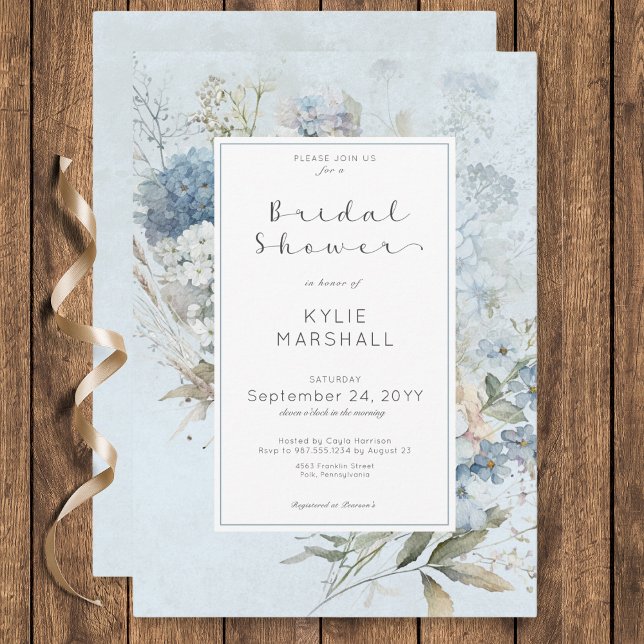 Rustic Blue & White Blommigt Ram Möhippa Inbjudningar (Rustic Blue & White Floral Frame Bridal Shower Invitation)