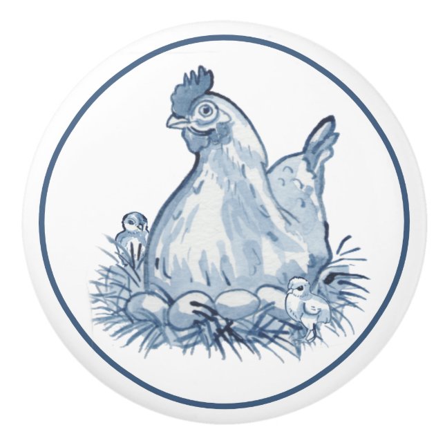 Rustic Blue & White Chicken Hen Egg Chick Land Knopp (Framsidan)