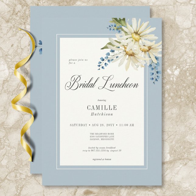 Rustic Blue & White Daisy Möhippa Luncheon Inbjudningar (Rustic Blue & White Daisies Bridal Luncheon Invitation)