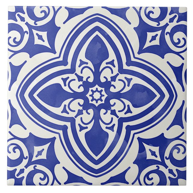 Rustic Blue White Decorative Blommigt Kakelplatta (Framsidan)