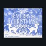 Rustic Blue White jul Reindeer Snö Winter Vykort<br><div class="desc">Snyggt modernt God jul i blått och vitt färg; knyt ljus med snöflingor,  snö på vinterlandscenen med renar. Anpassa genom att lägga till ditt helgdag-meddelande i bakgrunden. Skicka vykorten till familj och vänner med helgdag önskemål.</div>