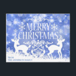 Rustic Blue White jul Reindeer Snö Winter Vykort<br><div class="desc">Snyggt modernt God jul i blått och vitt färg; knyt ljus med snöflingor,  snö på vinterlandscenen med renar. Anpassa genom att lägga till ditt helgdag-meddelande i bakgrunden. Skicka vykorten till familj och vänner med helgdag önskemål.</div>