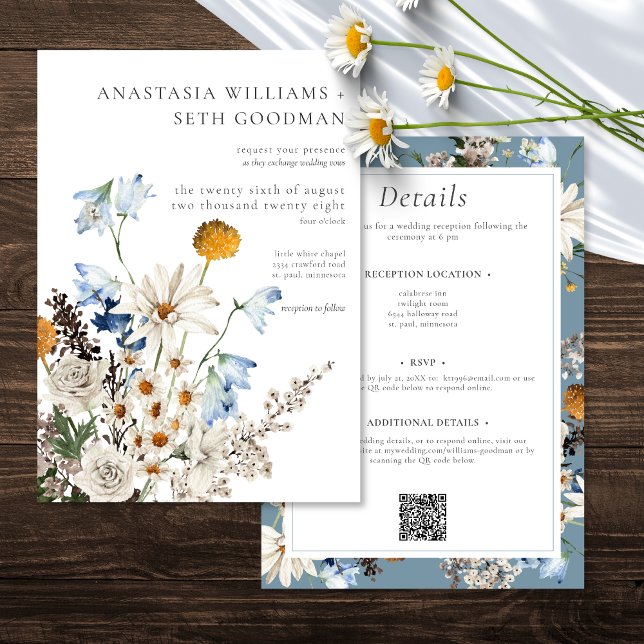Rustic Blue Wildblommor & Daisy Bröllop 2 Side Inbjudningar (Rustic Blue Wildflowers & Daisies Wedding Two Side Invitation)