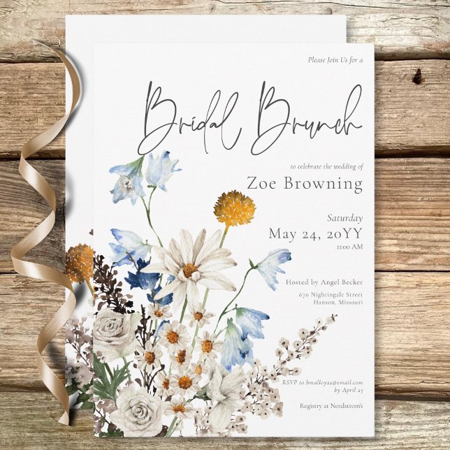 Rustic Blue Wildblommor & Daisys Möhippa Brunch Inbjudningar (Rustic Blue Wildflowers & Daisies Bridal Brunch Invitation)