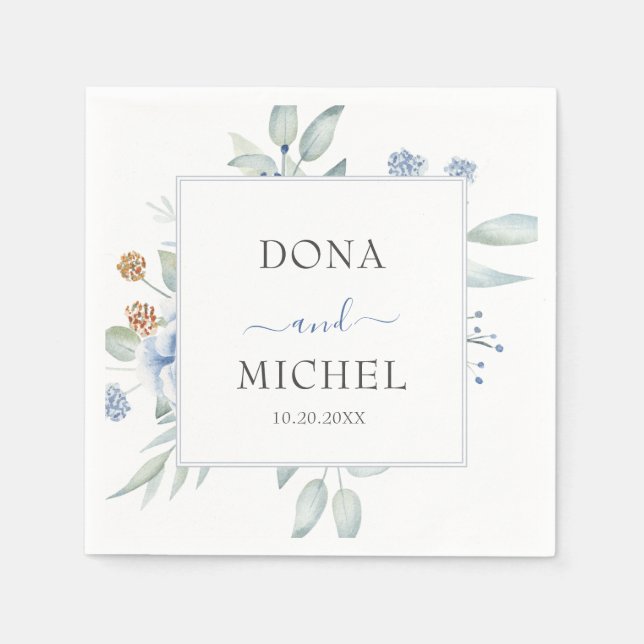Rustic Blue Winter Blommigt Bröllop Pappersservett (Framsidan)