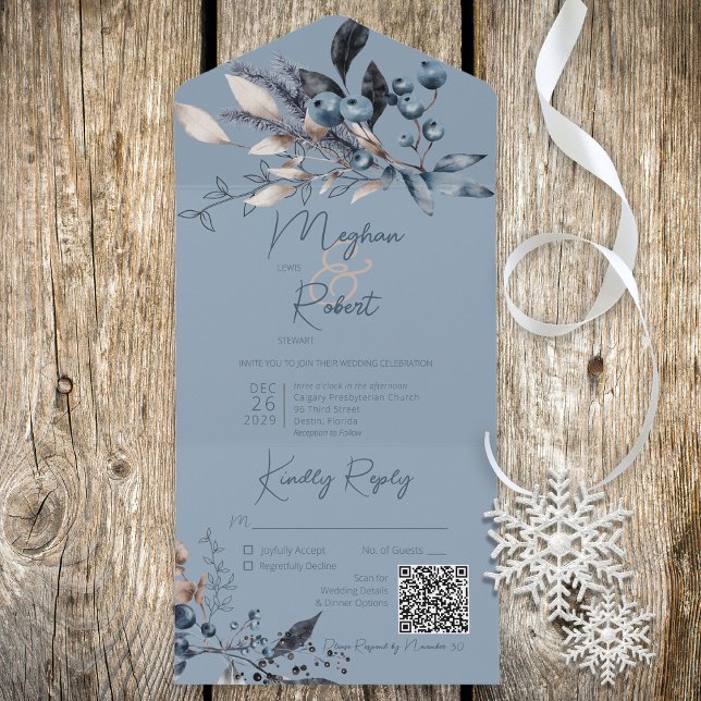 Rustic Blue Winter Foliage QR-kod (Also available without a QR code; with or without dinner selection options.)