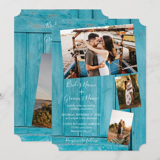 Rustic Blue Wood 4 Photos Wedding-inbjudningar Inbjudningar (Fram/baksida)