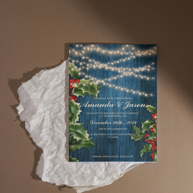 Rustic Blue Wood Berry Festive bröllopsinbjudan (Rustic Blue Wood Berry Festive wedding Invitation)