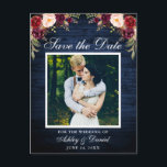 Rustic Blue Wood Blommigt Burgundy Spara datum Meddelande Vykort<br><div class="desc">Rustic Blue Wood Save the Date Förlovning Photo Postcard - Watercolor Burgundy Marsala Blommigt,  White Ram</div>