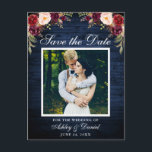 Rustic Blue Wood Blommigt Burgundy Spara datum Meddelande Vykort<br><div class="desc">Rustic Blue Wood Save the Date Förlovning Photo Postcard - Watercolor Burgundy Marsala Blommigt,  White Ram</div>