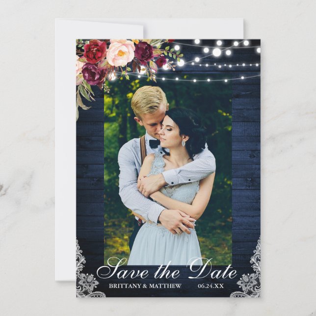 Rustic Blue Wood Blommigt Ljus Snöre Spara datumet (Framsida)