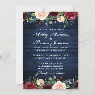 Rustic Blue Wood Bröllop Blommigt Burgundy Blue Inbjudningar