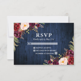 Rustic Blue Wood Burgundy Blommigt Bröllop OSA Kort