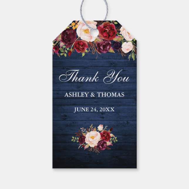 Rustic Blue Wood Burgundy Blommigt Bröllop Tack Presentetikett (Framsidan)