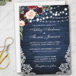 Rustic Blue Wood Burgundy Blue Blommigt Bröllop Inbjudningar