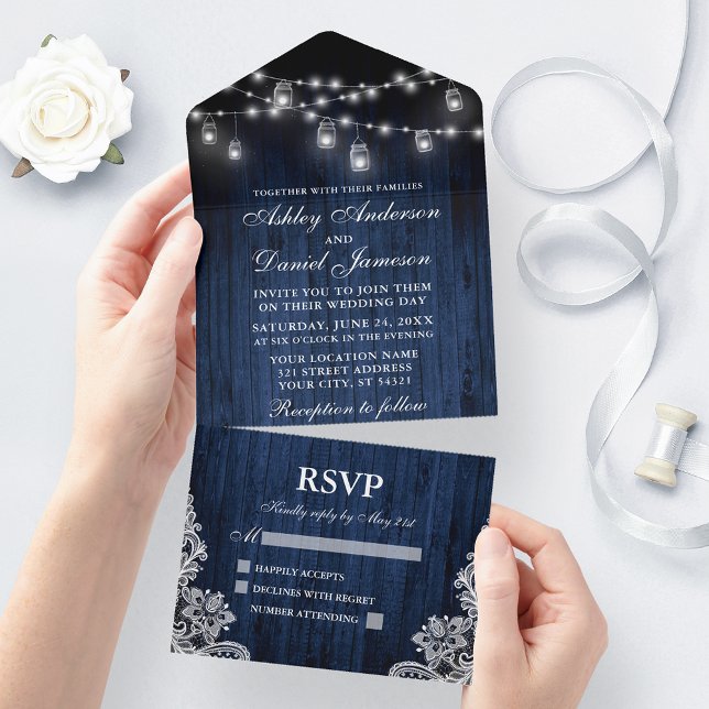 Rustic Blue Wood Burk Ljus Snöre Bröllop (All In One Wedding Invitation with tear off RSVP Card)