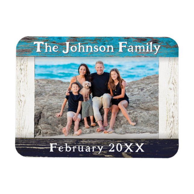 Rustic Blue Wood Family Name Photo Frame Magnet (Horisontell)