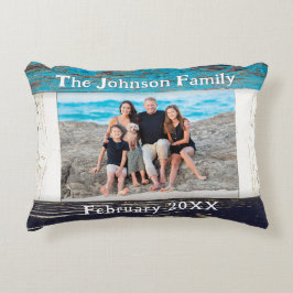 Rustic Blue Wood Family Name Photo Prydnadskudde