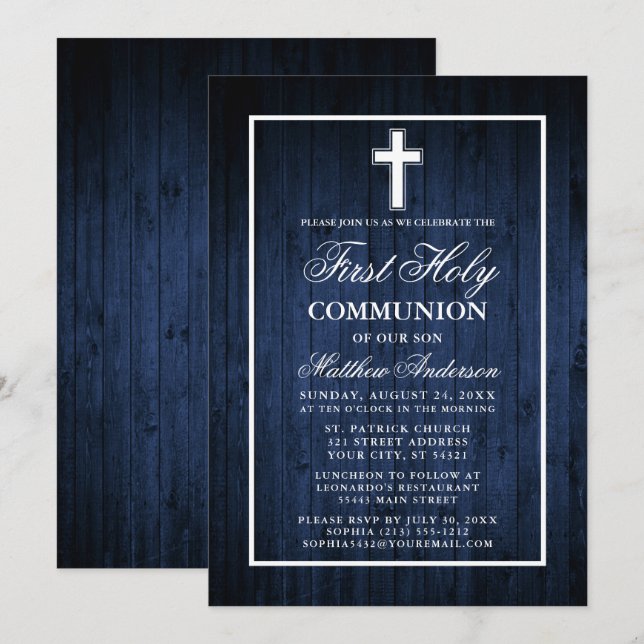 Rustic Blue Wood First Heliga Communion Inbjudningar (Fram/baksida)