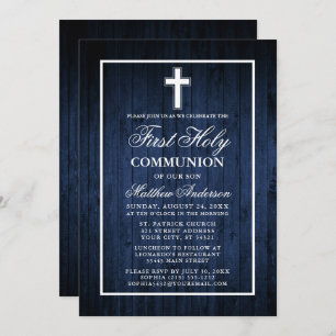 Rustic Blue Wood First Heliga Communion Inbjudningar