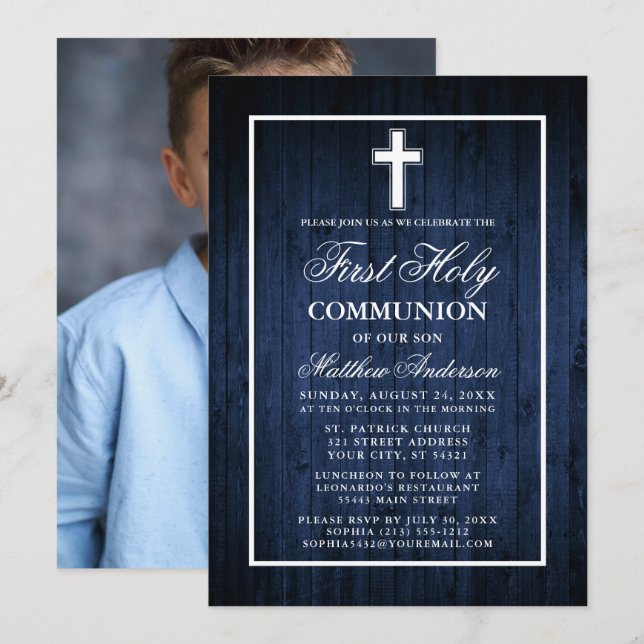 Rustic Blue Wood First Heliga Communion Photo Inbjudningar (Fram/baksida)