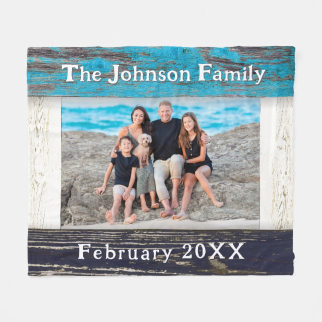 Rustic Blue Wood Frame Family Name  Fleecefilt (Framsidan (Horisontell))