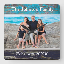 Rustic Blue Wood Frame Family Name Photo Fyrkantig Klocka