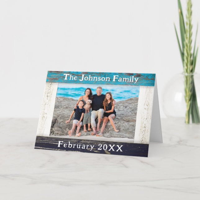 Rustic Blue Wood Frame Family Name Photo Kort (Framsida)