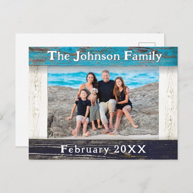 Rustic Blue Wood Frame Family Name Photo Vykort (Fram/baksida)