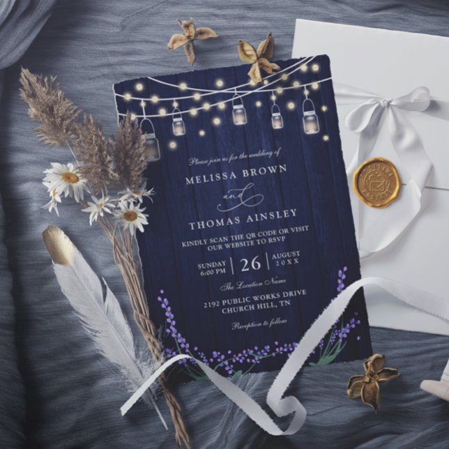 Rustic Blue Wood Lavender Elegant QR Code Wedding Inbjudningar (Skapare uppladdad)